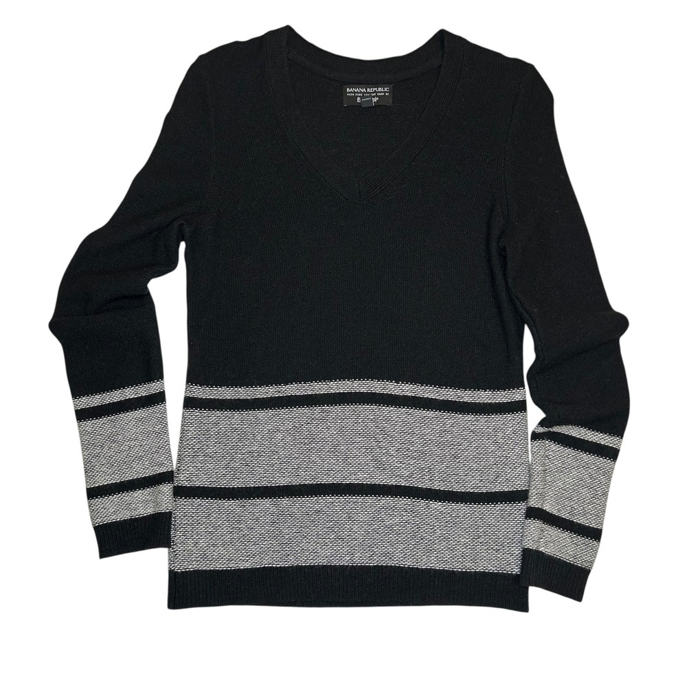 Banana Republic V Neck Sweater Black Grey Striped Fine Italian Yarn XS